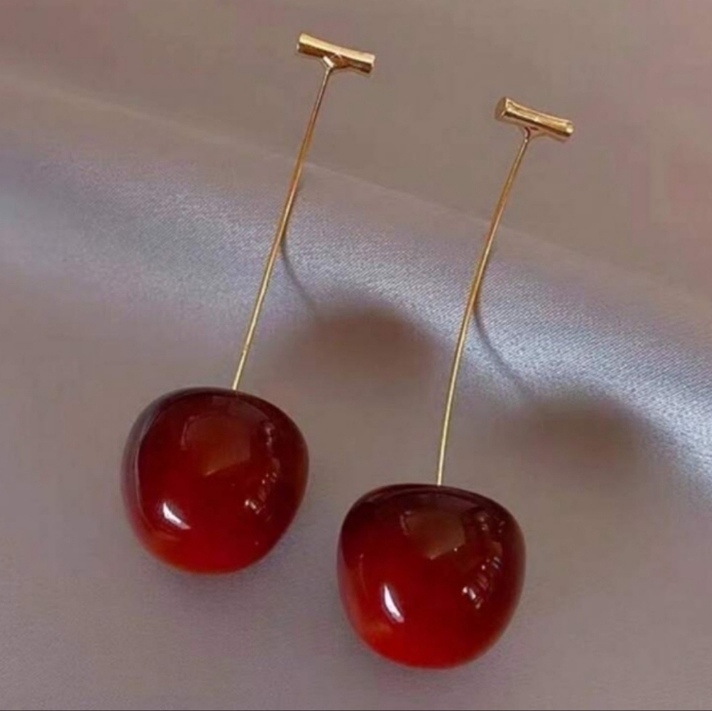 NEW! Cherry Red Drop Gold Plated Earrings - Picture 2 of 3